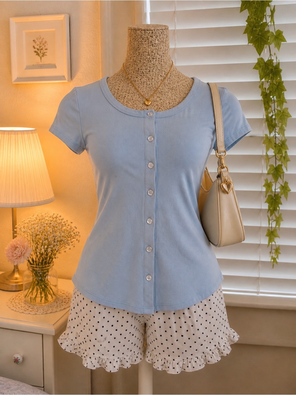 Light Blue Button-Front Short Sleeve Top